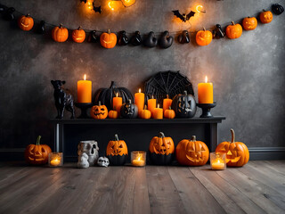 Wall Mural - Halloween decor in a room, space for text. Idea for festive interior