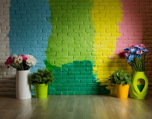 Wall Mural - A room with a brick wall painted with paint of different colors.