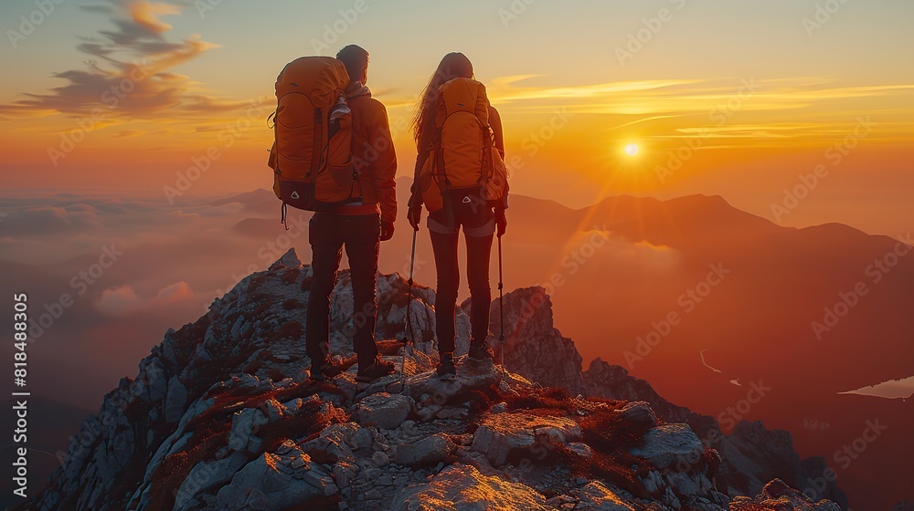 couple of man and woman hikers on top of a mountain at sunset or ...