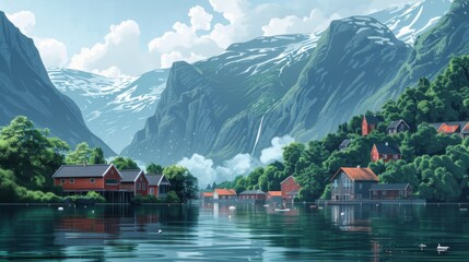 Wall Mural - Illustration of Bergen Fjords, Norway

