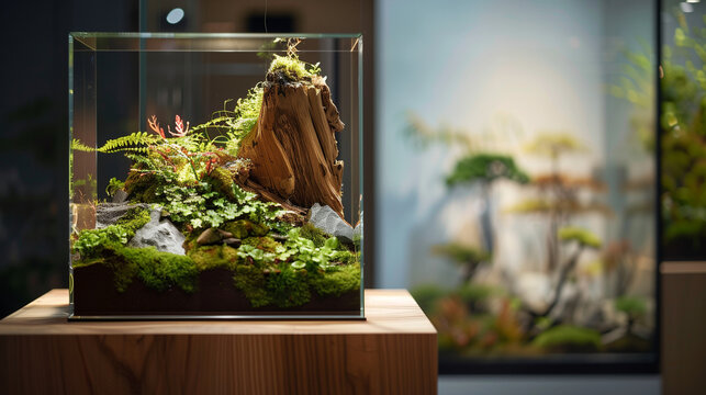 aquascape aquarium design with the concept of light wood, green plants and mountains, Ai Generated Images