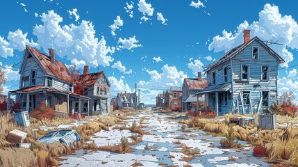 Wall Mural - A desolate, abandoned town with a few houses and a car