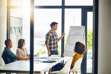 Poster - Presentation, whiteboard and man for meeting with colleague, office and corporate for planning. Speaker, project and communication for financial advisor people, charts and data for sales discussion