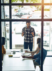 Poster - Meeting, presentation and training with business man speaking to staff in boardroom of office. Coaching, teaching and workshop with employee talking to team in workplace for development or growth