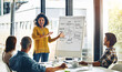 © peopleimages.com - Brainstorming, meeting and planning with business woman speaking to staff in boardroom of office. Coaching, presentation and whiteboard with employee talking to team in workplace for development