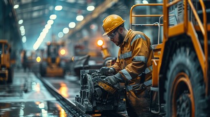 Poster - An industrial setting where a team of professionals is performing a complex maneuver with heavy machinery. Highlight safety measures and the careful planning involved. Generative AI.