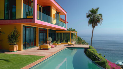 Poster - The exterior of a gorgeous beach house that uses dark green, pink, and yellow with stunning views of the ocean. Generative AI.