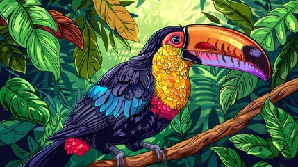 coloring book A toucan is sitting on a branch in the jungle. The toucan is looking at the viewer with its big, colorful beak. The jungle is full of green leaves and red flowers.