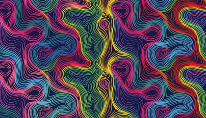 Seamless psychedelic rainbow ridged topological map pattern background texture. Trippy hippy abstract wavy swirls dopamine dressing style fashion motif. Bright colorful neon retro wall