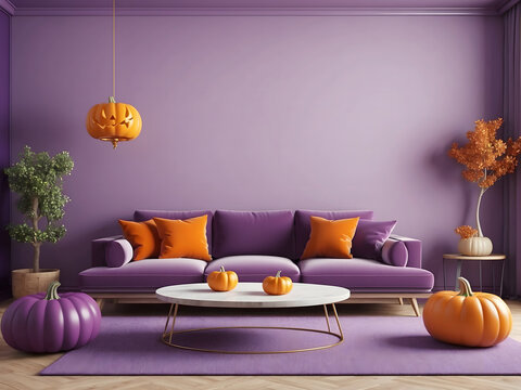 Interior of purple and orange living room with comfortable sofa and pumpkin decor design. 3d rendering