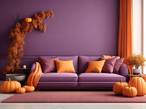 Interior of purple and orange living room with comfortable sofa and pumpkin decor design. 3d rendering