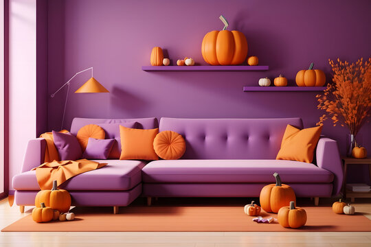Interior of purple and orange living room with comfortable sofa and pumpkin decor design. 3d rendering