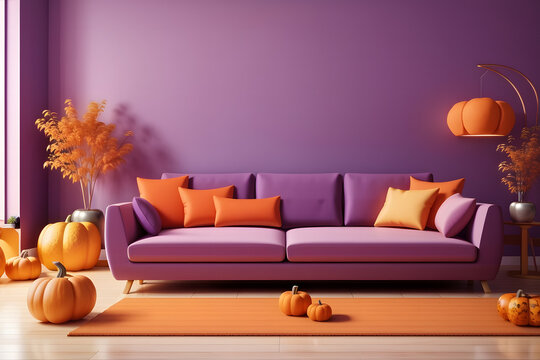 Interior of purple and orange living room with comfortable sofa and pumpkin decor design. 3d rendering