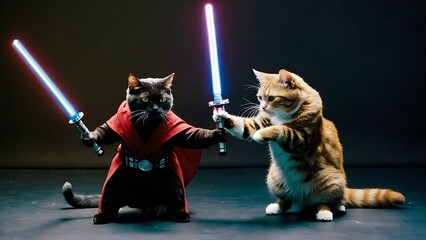 two cats are engaged in a lightsaber duel,