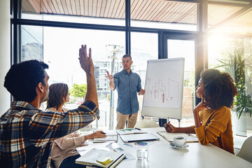 Aufkleber - Whiteboard, presentation and question for male speaker, workshop and sales project for analysis. Boardroom, raised hand and seminar in office with management people, faq and discussion for feedback