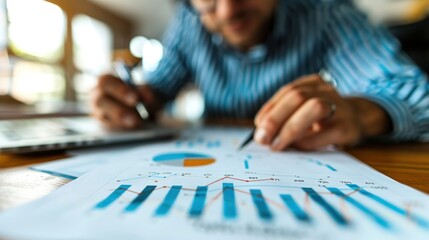 Wall Mural - Businessman looks at graphs and charts showing market growth trends. Leverage this valuable information to inform strategic decisions and capitalize on emerging opportunities.