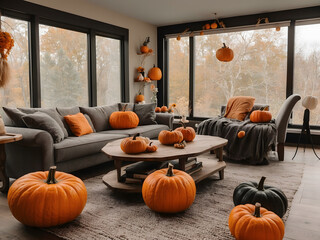 Wall Mural -  Living room decorated with pumpkins and bats design.