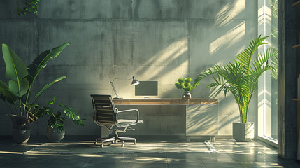 Sticker - A sleek, minimalist desk bathed in natural light, with a solitary potted plant adding a touch of greenery.