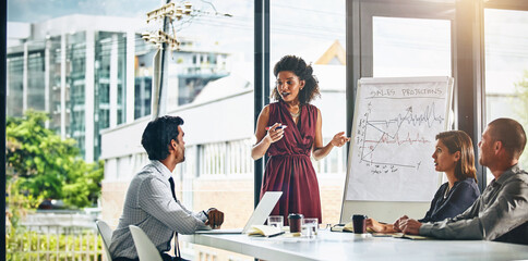 Poster - Presentation, whiteboard and woman for meeting with colleague, office and corporate for planning. Speaker, project and communication for financial advisor people, charts and data for sales discussion