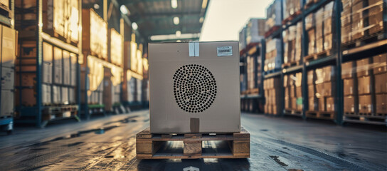 Leinwandbilder - A packaging boxes stacked on pallets that are loaded into freight containers. A large fingerprint is placed on the box. Behind it is a truck with an open loading area. Generative AI.