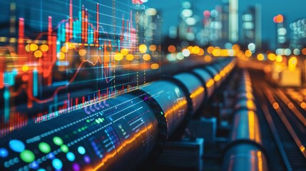 Poster - Double exposure of a gas pipeline overlaid with investment data and business finance charts