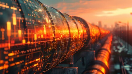 Wall Mural - Double exposure of a gas pipeline overlaid with investment data and business finance charts