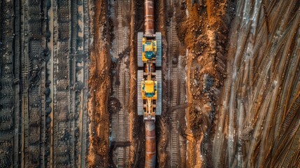 Wall Mural - High-detail photo of a gas pipeline construction crew laying new pipes in a field