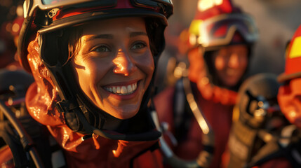 A happy young beautiful female firefighter in a protective suit. Portrait of a real hero of our time. A dangerous profession