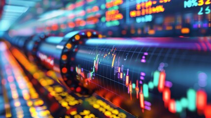 High-quality image of a gas pipeline with stock market trends and business finance data