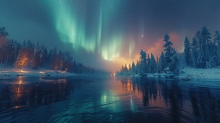 aurora borealis northern lights in a night sky over a northern winter landscape a lake snow and pine trees.stock photo
