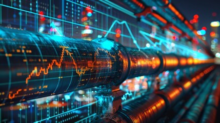 Wall Mural - Oil pipeline engineers working, combined with business finance charts and stock market data