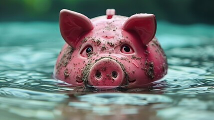 Wall Mural - pink piggy bank sinks underwater drowning to the bottom of sea water concept of investment failure financial risk debt problem bankruptcy economy crisis.illustration