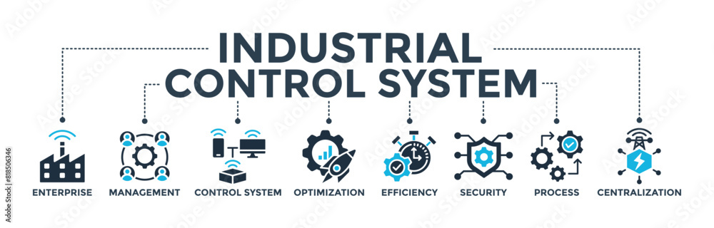 Industrial control system banner concept with icon of enterprise, management, control system, optimization, efficiency, security, process, and  centralization. Web icon vector illustration