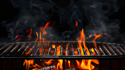 Wall Mural - Hot empty portable barbecue BBQ grill with flaming fire and ember charcoal on black background. Waiting for the placement of your food. Close up