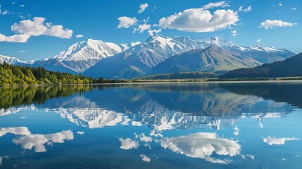 Wall Mural - tranquil lake reflecting majestic snowcapped mountains idyllic landscape scenery