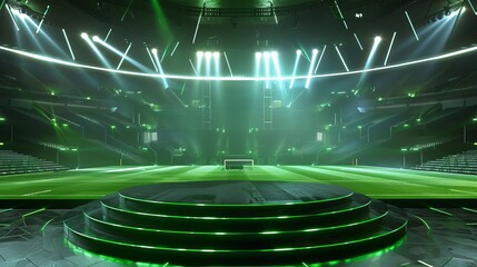 verdant soccer stadium showcase central stage encircled by vacant chairs and flashing lights 3d product presentation