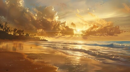 Wall Mural - tranquil sunset over serene beach landscape warm golden hues photorealistic digital painting