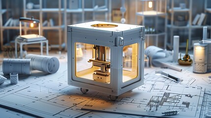 Fototapete - A sleek 3d printer stands prominently amidst a sea of meticulously arranged blueprints and sketches, showcasing the seamless integration of technology and design. Generative AI.