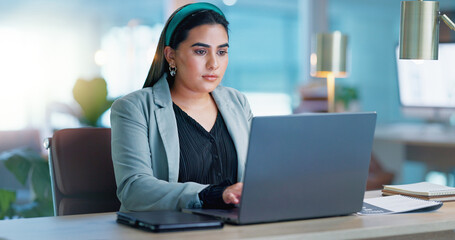 Aufkleber - Typing, business and woman with laptop, thinking and problem solving with connection, internet and planning ideas. Research, networking and girl with computer, website admin and consulting with email