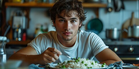 Wall Mural - A man is eating a plate of food in a kitchen.