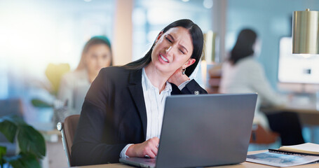 Canvas Print - Neck pain, business and woman with laptop, stress and fatigue with internet, planning ideas in coworking space. Research, networking and tired girl with computer, website admin and exhausted at desk.