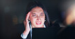 © peopleimages.com - Night, business and woman with laptop, headache and stress with exhausted connection. Research, networking and tired girl with computer, website and consulting with fatigue, burnout and dark office.