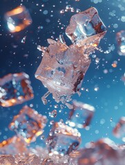 Summer ice cubes explode, shatter and fly, blue background. Burst part，Explosive Burst of Refreshing, Shattered Ice Cubes Scattering and Dispersing Across a Vibrant, Sunny Yellow Summer Background. Ch