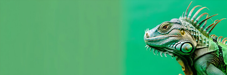 Iguana web banner. Iguana isolated on green background with copy space among nature.