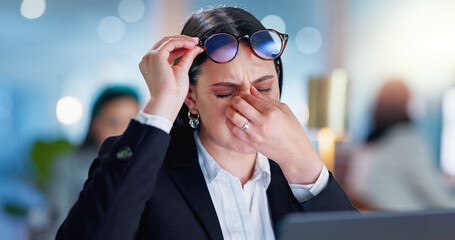 Poster - Glasses, business and woman with laptop, headache and stress in office with fatigue, internet and burnout. Research, networking and exhausted girl with computer, admin and tired consultant at desk.