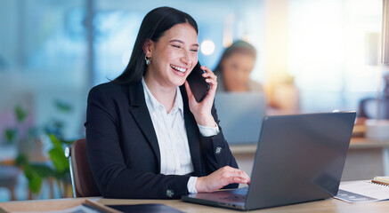 Poster - Phone call, business and happy woman with laptop, consulting and advisor with connection, internet and planning. Communication, networking and girl with computer, smartphone and discussion in office