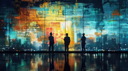 Wall Mural - Three professionals in silhouette analyzing a vibrant data display in a futuristic office.
