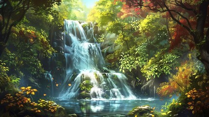 enchanting waterfall hidden in lush forest serene natural oasis cascading waters verdant foliage tranquil ambiance digital painting