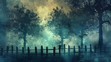 Mysterious Silhouette Of Trees Beyond Fence Surreal Aigenerated Landscape Digital Art