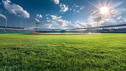 Wall Mural - sunlit baseball diamond on grassy field outdoor sports stadium panorama photo